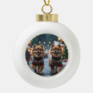 Pomeranian Dogs Christmas Snow Holiday Ceramic Ball Christmas Ornament
