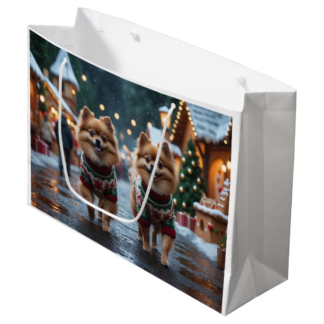 Pomeranian Dogs Christmas Snow Holiday  Large Gift Bag (Front Angled)