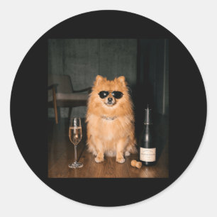 Pomeranian Drinking Champagne Funny Fathers Day Classic Round Sticker