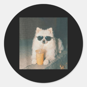 Pomeranian Drinking Iced Coffee Shirt Funny Dog Classic Round Sticker