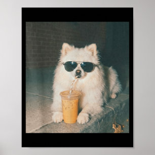Pomeranian Drinking Iced Coffee Shirt Funny Dog Poster