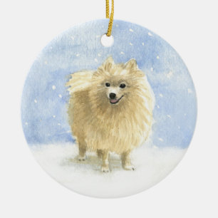 Pomeranian Eskie in the Snow Ceramic Ornament