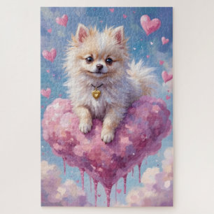 Pomeranian Floating on a Cloud Heart Valentine Jigsaw Puzzle