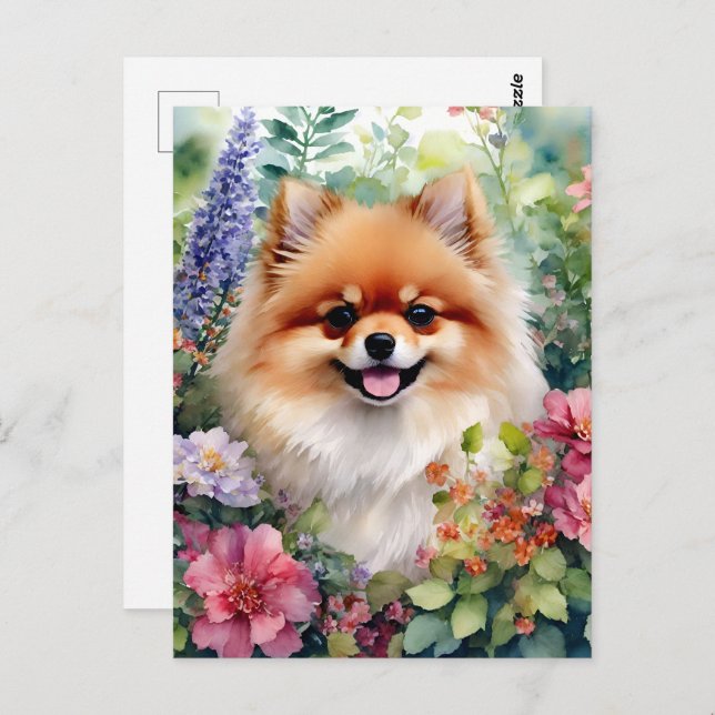 Pomeranian Floral Watercolor Portrait Postcard (Front/Back)