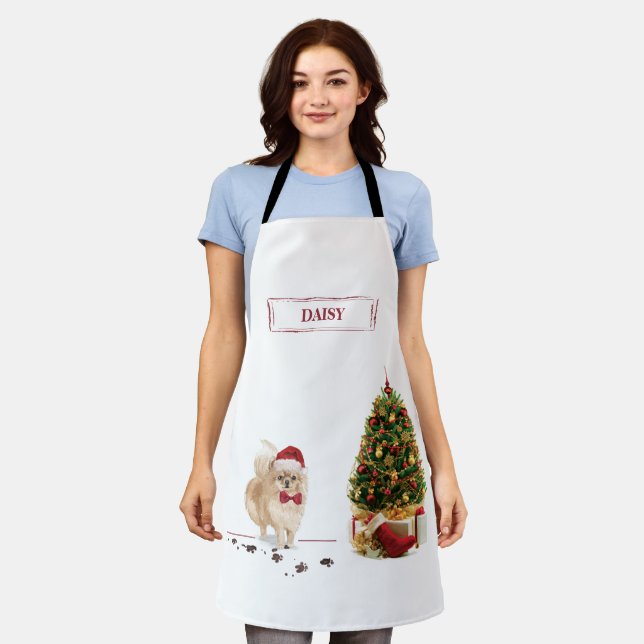 Pomeranian Funny Christmas Dog with Tree Apron (Worn)