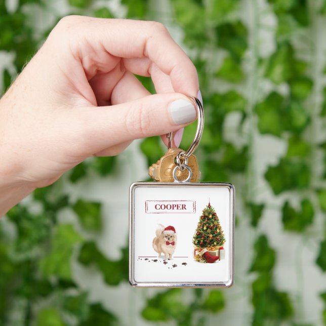 Pomeranian Funny Christmas Dog with Tree Key Ring (Hand)