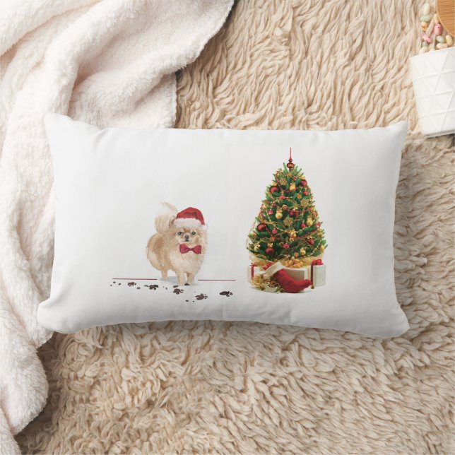 Pomeranian Funny Christmas Dog with Tree Lumbar Cushion (Blanket)
