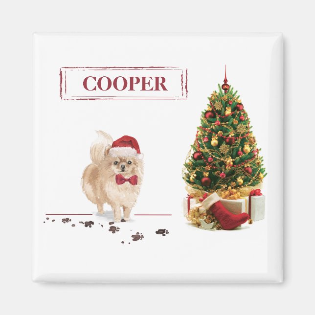 Pomeranian Funny Christmas Dog with Tree Magnet (Front)