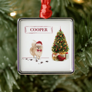 Pomeranian Funny Christmas Dog with Tree Metal Ornament