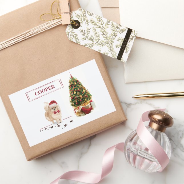 Pomeranian Funny Christmas Dog with Tree Rectangular Sticker (Gifting)