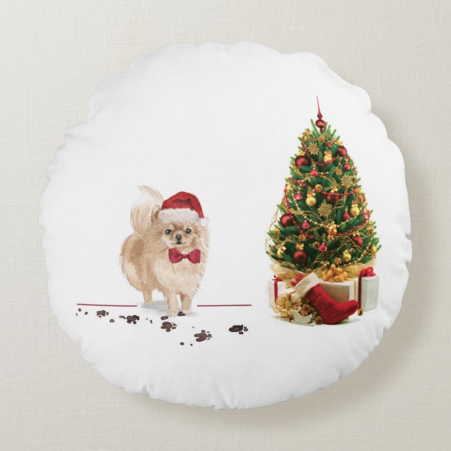 Pomeranian Funny Christmas Dog with Tree Round Cushion (Front)