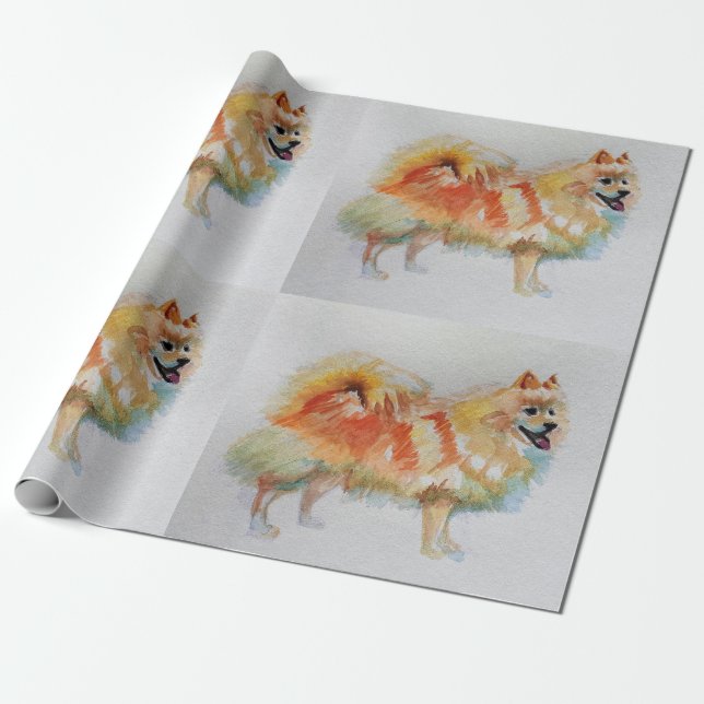 Pomeranian German Spitz Dog Watercolor Wrapping Paper (Unrolled)