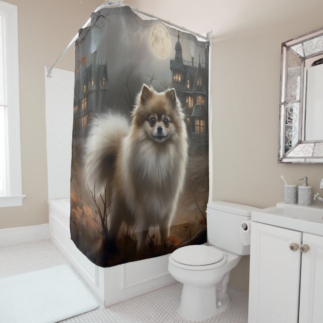Pomeranian Halloween Scary Shower Curtain (In Situ)