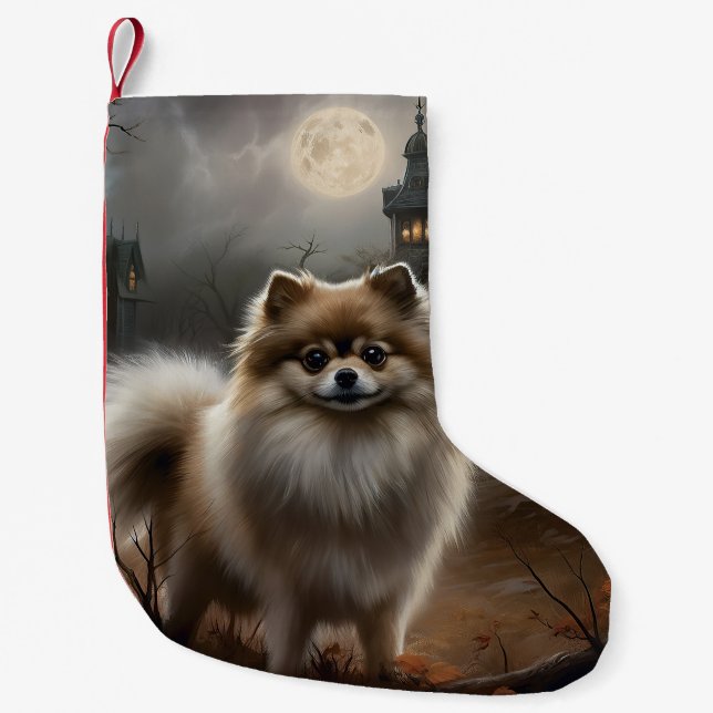 Pomeranian Halloween Scary Small Christmas Stocking (Front)