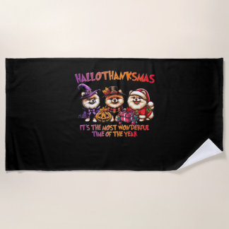 Pomeranian Halloween Thanksgiving Christmas Classi Beach Towel
