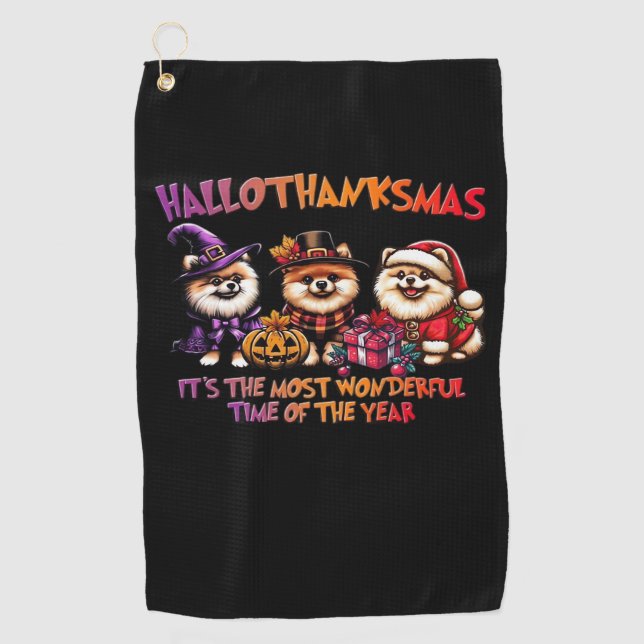 Pomeranian Halloween Thanksgiving Christmas Classi Golf Towel (Front)