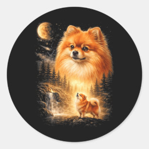Pomeranian Howling to The Moon Vintage Mystical Classic Round Sticker