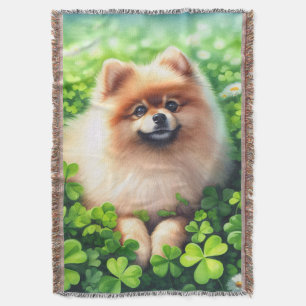 Pomeranian in a Shamrock Field Throw Blanket