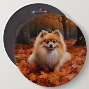 Pomeranian in Autumn Leaves Fall Inspire 6 Cm Round Badge