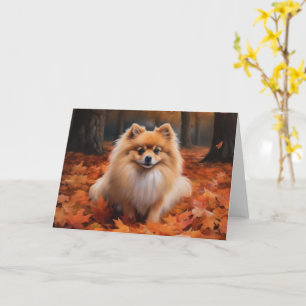Pomeranian in Autumn Leaves Fall Inspire  Card