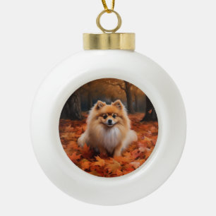 Pomeranian in Autumn Leaves Fall Inspire Ceramic Ball Christmas Ornament
