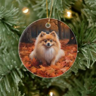 Pomeranian in Autumn Leaves Fall Inspire Ceramic Ornament