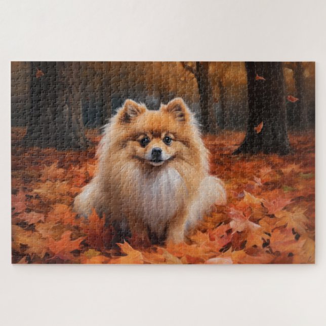 Pomeranian in Autumn Leaves Fall Inspire  Jigsaw Puzzle (Horizontal)