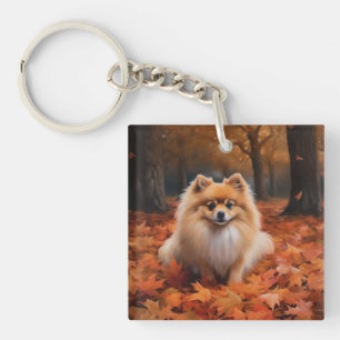 Pomeranian in Autumn Leaves Fall Inspire  Key Ring