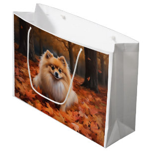 Pomeranian in Autumn Leaves Fall Inspire Large Gift Bag