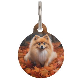 Pomeranian in Autumn Leaves Fall Inspire  Pet Tag