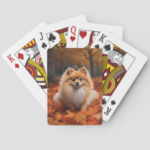 Pomeranian in Autumn Leaves Fall Inspire Playing Cards