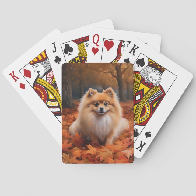 Pomeranian in Autumn Leaves Fall Inspire  Playing Cards (Back)