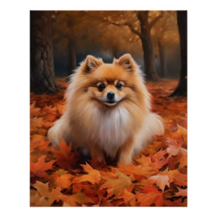 Pomeranian in Autumn Leaves Fall Inspire Poster
