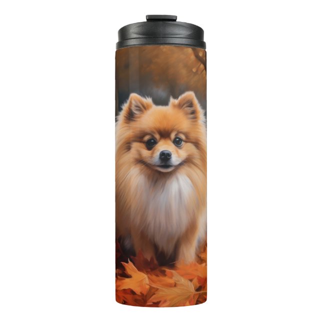 Pomeranian in Autumn Leaves Fall Inspire  Thermal Tumbler (Front)