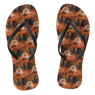 Pomeranian in Autumn Leaves Fall Inspire Thongs