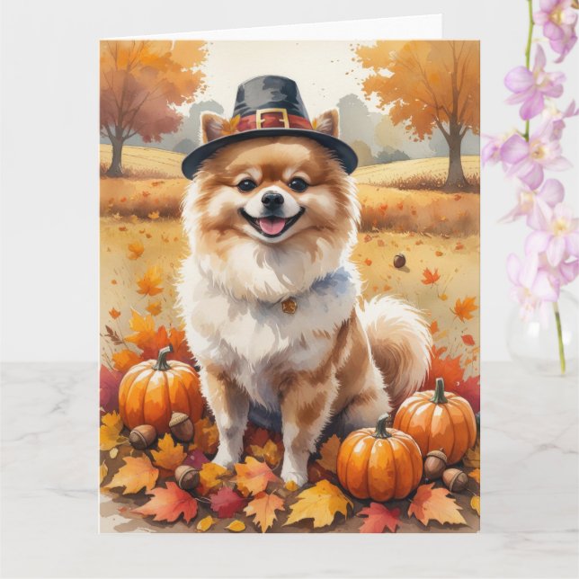 Pomeranian In Autumn Leaves Thanksgiving Art  Card (Orchid)