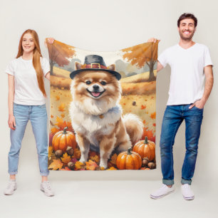 Pomeranian In Autumn Leaves Thanksgiving Art Fleece Blanket