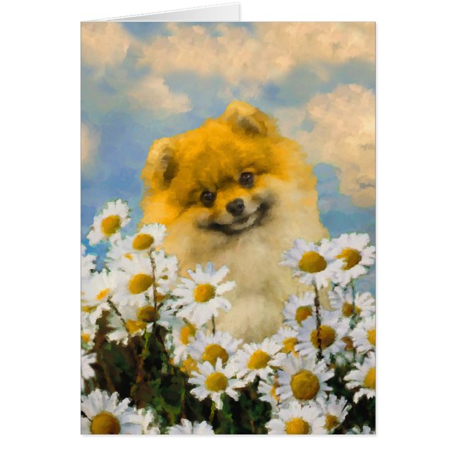 Pomeranian in Daisies Painting - Original Dog Art (Front)