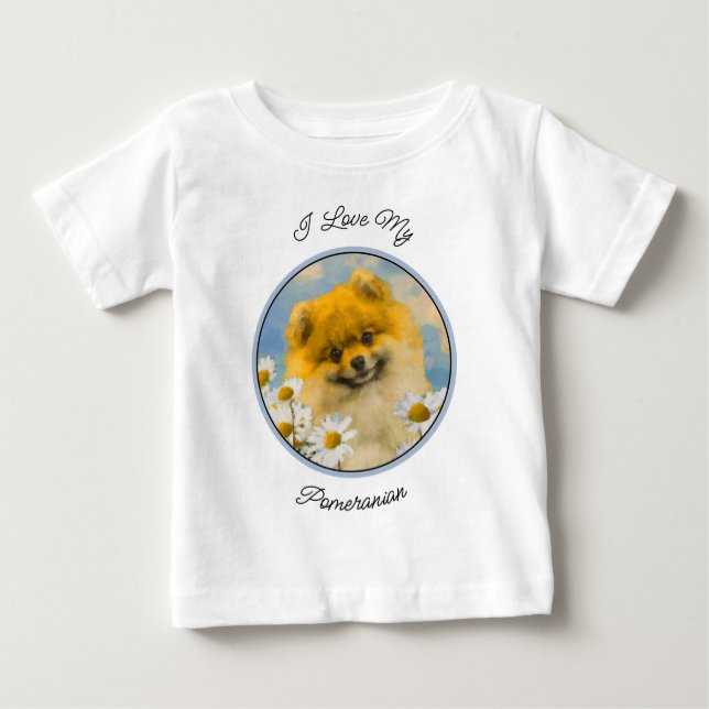 Pomeranian in Daisies Painting - Original Dog Art Baby T-Shirt (Front)