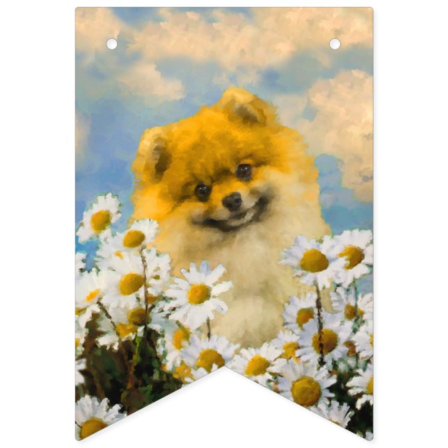 Pomeranian in Daisies Painting - Original Dog Art Bunting (First Flag)