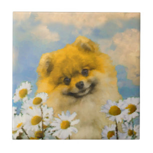 Pomeranian in Daisies Painting - Original Dog Art Ceramic Tile