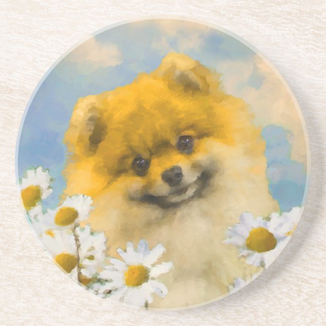 Pomeranian in Daisies Painting - Original Dog Art Coaster (Front)
