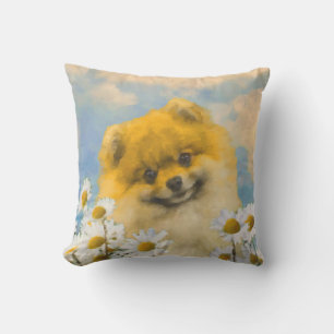 Pomeranian in Daisies Painting - Original Dog Art Cushion