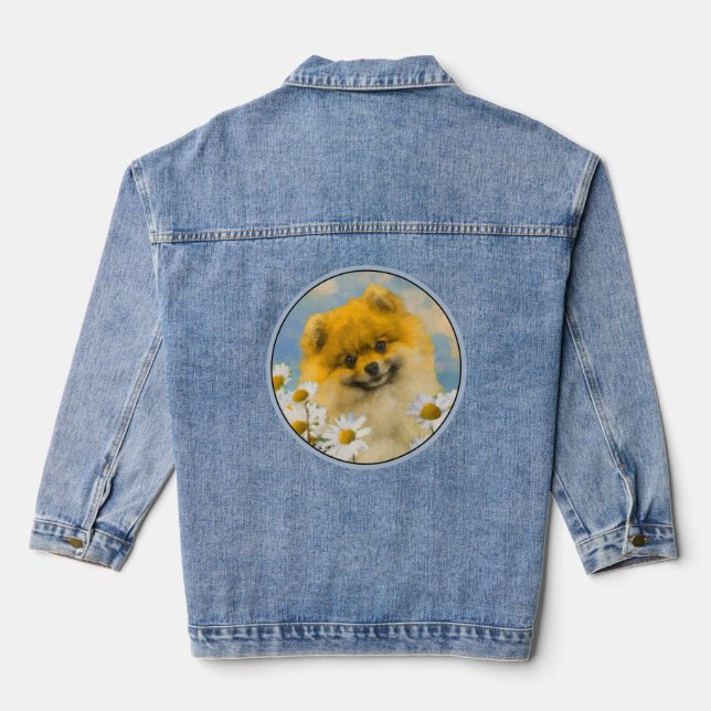 Pomeranian in Daisies Painting - Original Dog Art Denim Jacket (Back)