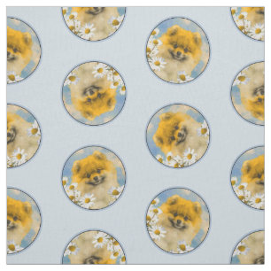 Pomeranian in Daisies Painting Original Dog Art Fabric