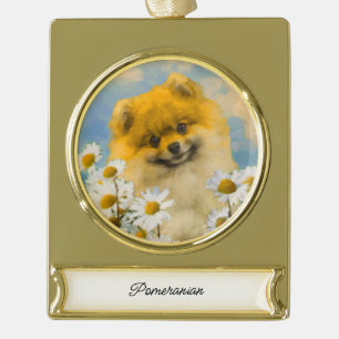 Pomeranian in Daisies Painting - Original Dog Art Gold Plated Banner Ornament