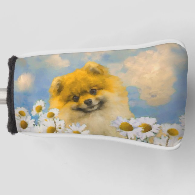 Pomeranian in Daisies Painting - Original Dog Art Golf Head Cover (Front)