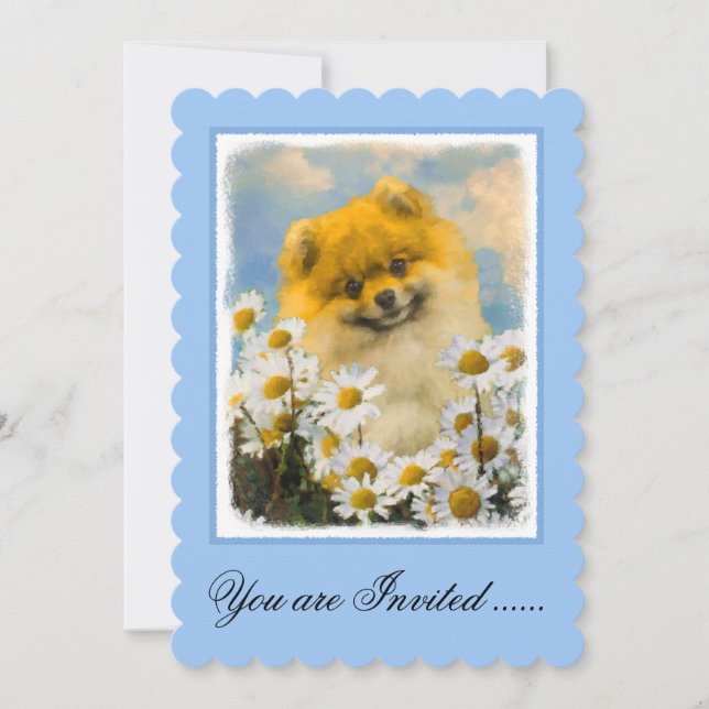 Pomeranian in Daisies Painting - Original Dog Art Invitation (Front)