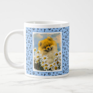 Pomeranian in Daisies Painting - Original Dog Art Large Coffee Mug