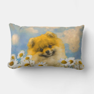 Pomeranian in Daisies Painting - Original Dog Art Lumbar Cushion